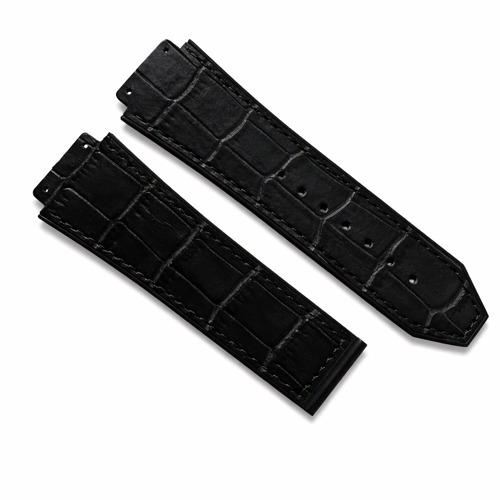 Stealth Black Leather Watch Band – Crocodile Texture Hybrid Silicone Strap with Tonal Stitching