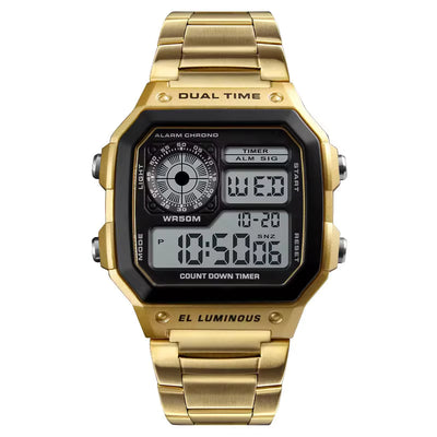 Digital Square Golden Steel Case Chain water resist shock proof duel time alarm Moon light water proof watch