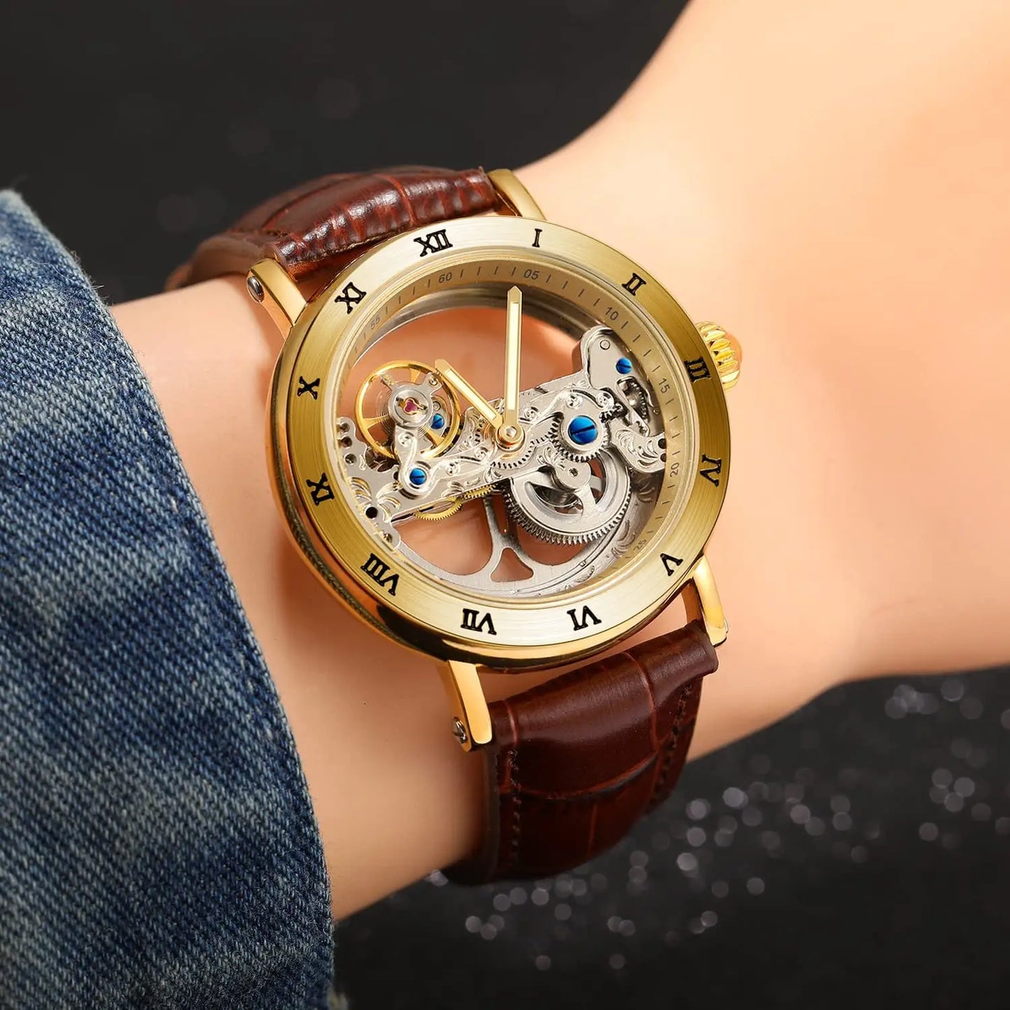 Golden case sexy automatic skeleton fancy unique Design Automatic watch for men