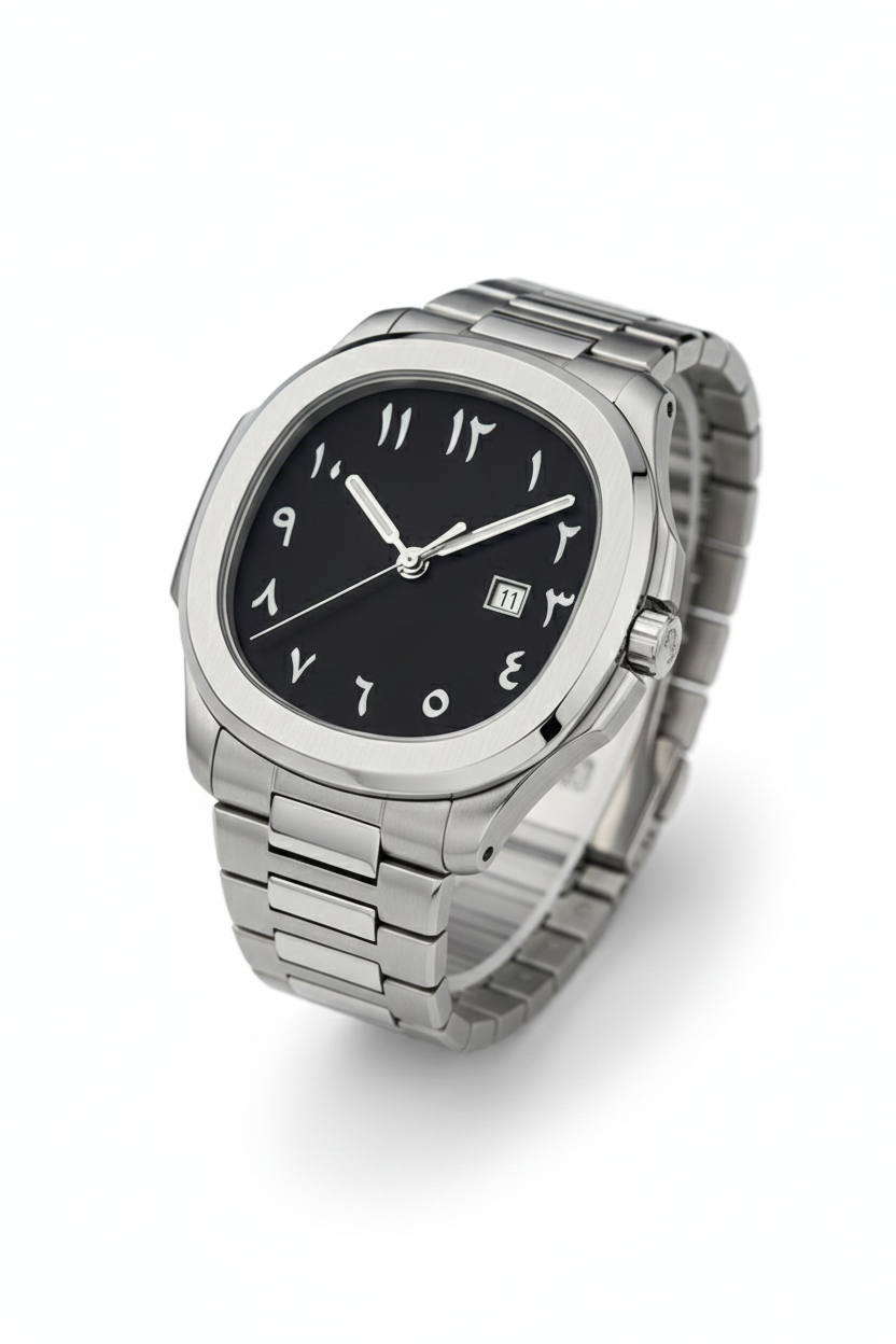 Black Arabic Dial Silver steel case chain date analoge water resist watch for men