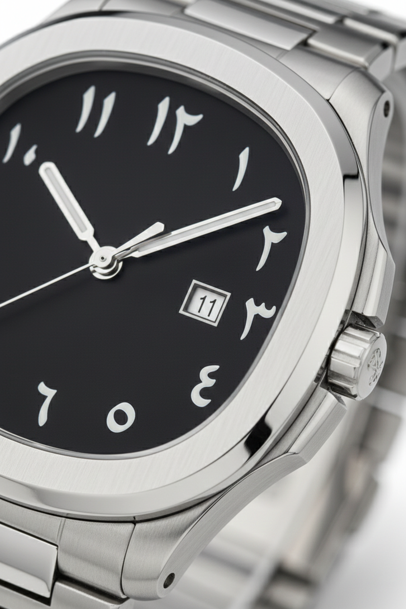 Black Arabic Dial Silver steel case chain date analoge water resist watch for men