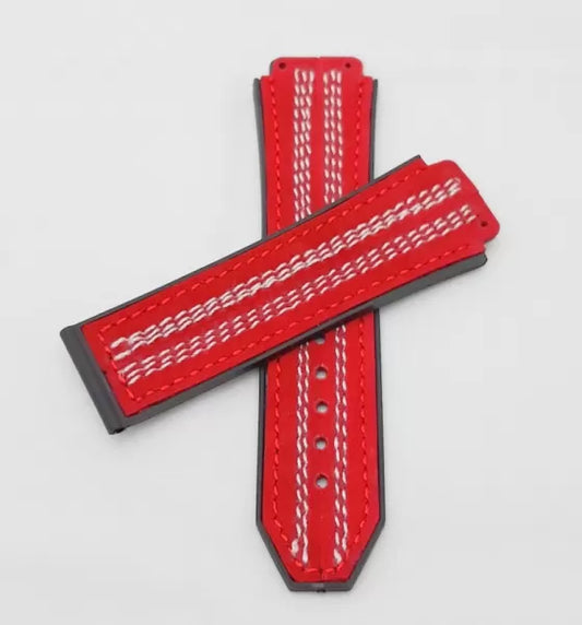 Red Sport Watch Band – Dual Tone Silicon & Leather with White Contrast Braided Stitching (24mm/27mm)
