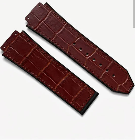 Dark Burgundy Leather Watch Band – Crocodile Texture Hybrid Silicone Strap with Tonal Stitching