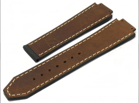 Premium Vintage Brown Leather & Rubber Hybrid Strap - Compatible with Hublot Big Bang