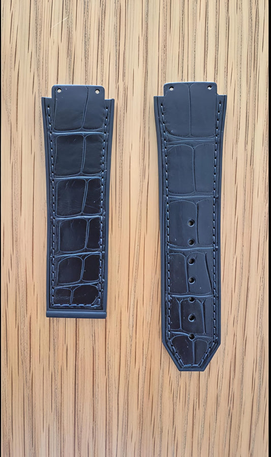 Premium Black Crocodile Pattern Hybrid Watch Strap - Compatible with Hublot Big Bang