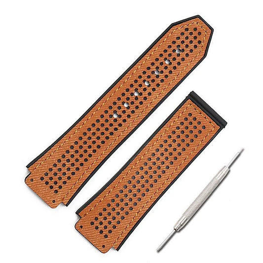 Tan Brown Rally-Style Leather Sport Watch Strap with Black Silicone Base – Includes Installation Tool