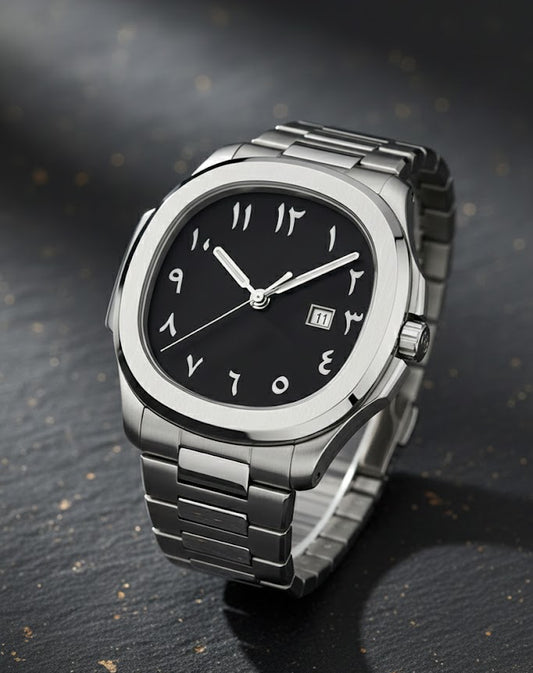 Black Arabic Dial Silver steel case chain date analoge water resist watch for men