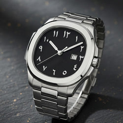 Black Arabic Dial Silver steel case chain date analoge water resist watch for men
